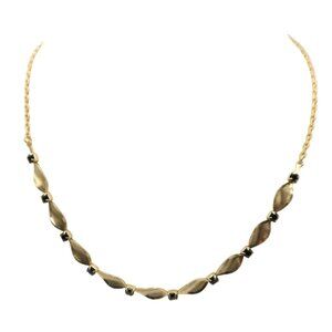 Vintage Twisted Leaf Gold Tone & Black Rhinestone Necklace Dainty Preppy Classic